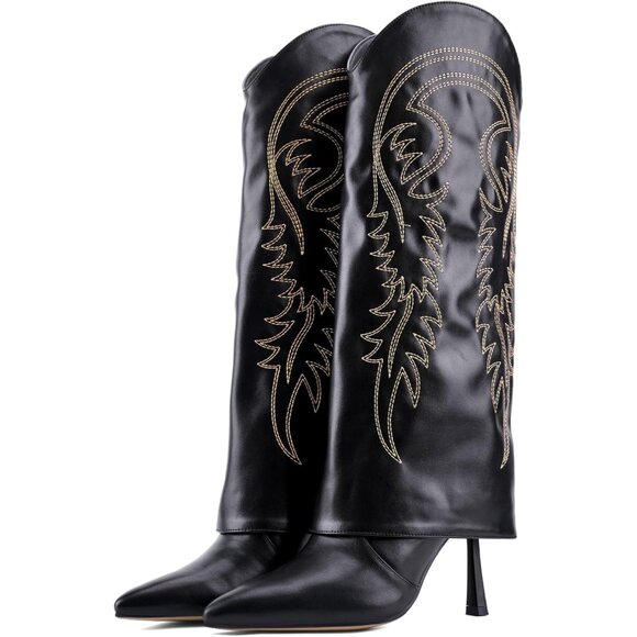 ⚡Women Black Faux Leather Fold Over Stiletto Heel Pointed Toe Pull On Boots - Picture 1 of 7